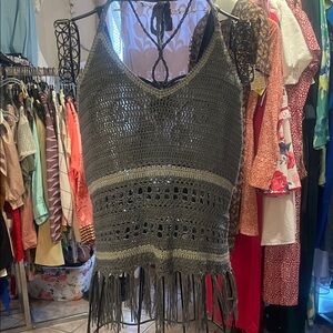 Paper Crane Olive Crochet Fringe Tank Top